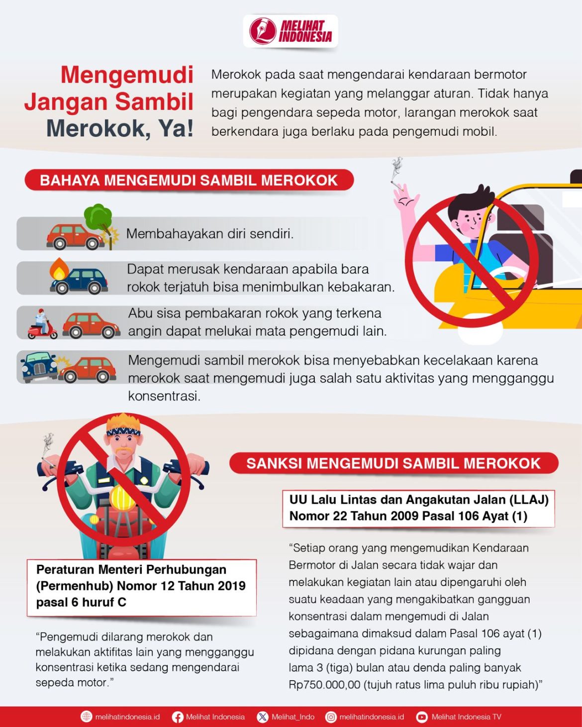 Grafis aturan dan larangan mengemudi sambil merokok.