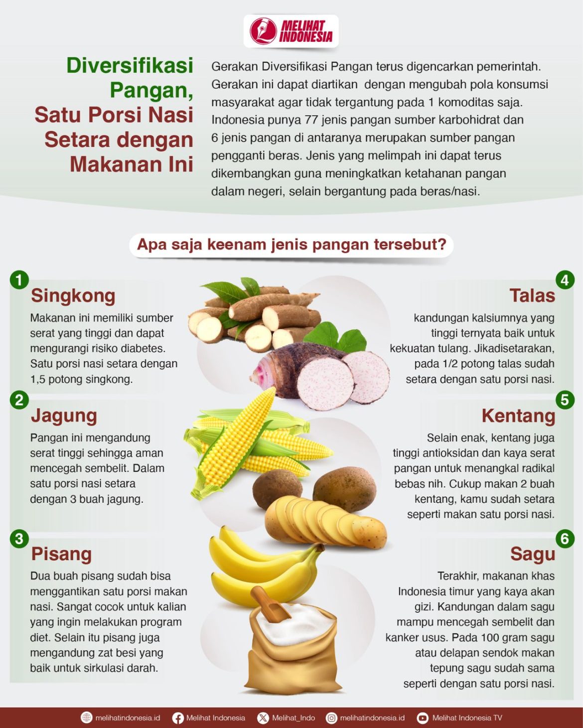 Duversifikasi pangan. Berikut 6 jenis pangan sumber karbohidrat pengganti beras.