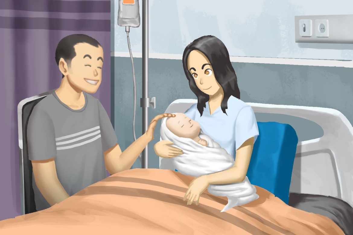 Ilustrasi ibu melahirkan didampingi suami.