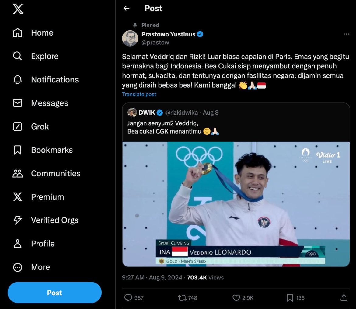 Medali atlet Olimpiade Paris 2024 dikenakan bea masuk?