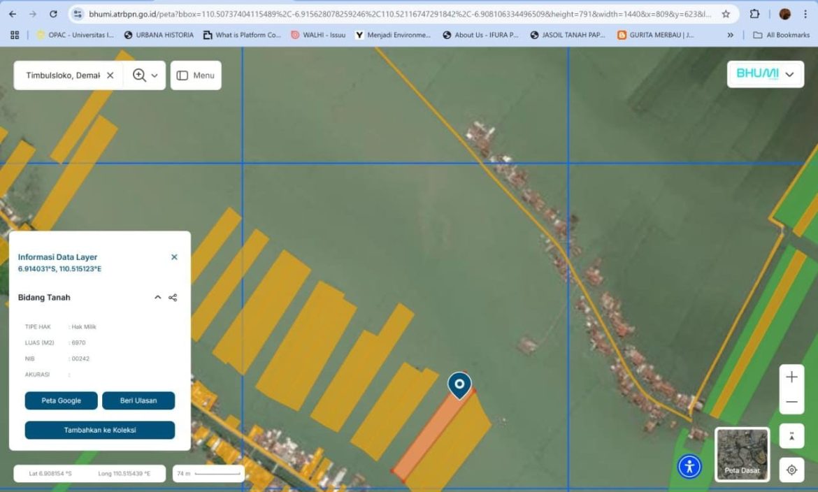 Area daratan yang telah menjadi laut di Kampung Timbulsloko, Demak duduga masih berstatus SHM/HGB sesuai peta digital milik ATR/BPN. 